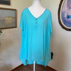 Torrid • Tiffany Blue Aqua V-Neck Button Chiffon Double Lauered Top • 3X • EUC